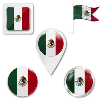 Set of icons of the national flag of Mexico in different designs on a white background. Realistic vector illustration. Button, pointer and checkbox.