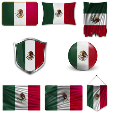 Set of the national flag of Mexico in different designs on a white background. Realistic vector illustration.