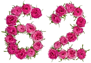 Fototapete Blumen Arabische Zahl 62, 62, aus roten Rosenblüten, isoliert auf weißem Hintergrund