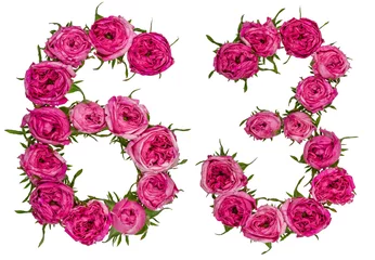 Foto op geborsteld aluminium Bloemen Arabisch cijfer 63, drieënzestig, van rode bloemen van roos, geïsoleerd op een witte achtergrond