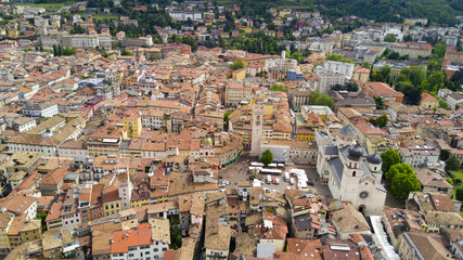 Fototapeta na wymiar Aerial video shooting with drone on Trento, famous Trentino city near the Adige river in northern Italy