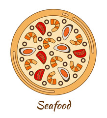 Round hot delicious tasty pizza. Vector illustration
