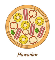 Round hot delicious tasty pizza. Vector illustration