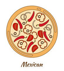 Round hot delicious tasty pizza. Vector illustration
