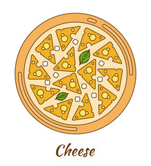 Round hot delicious tasty pizza. Vector illustration