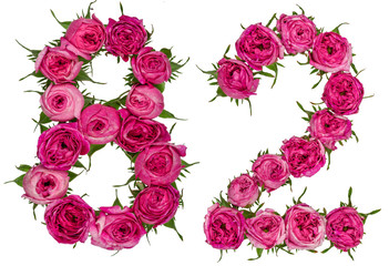 Arabische Zahl 82, 82, aus roten Rosenblüten, isoliert auf weißem Hintergrund
