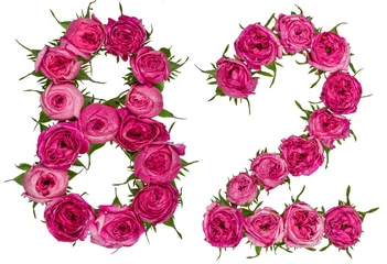 Nahtlose Fototapete Airtex Blumen Arabische Zahl 82, 82, aus roten Rosenblüten, isoliert auf weißem Hintergrund