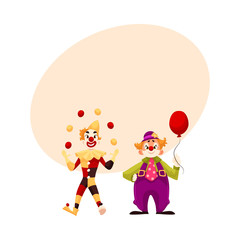 Two cheerful clown on a holiday, vector cartoon comic illustration with space for text. funny cartoon clown shows tricks, funny comic clown holding balloon, funny faces and cheerful mood