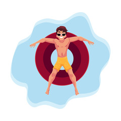 Young man in sunglasses resting on floating inflatable ring in star position on the water surface, top view cartoon vector illustration. Young man floating on inflatable ring, enjoying summer