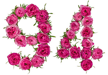 Arabic numeral 94, ninety four, from red flowers of rose, isolated on white background