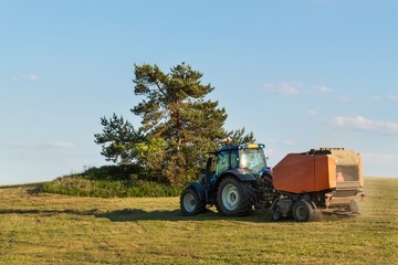 Fototapeta na wymiar Blue tractor on the pasture.. Agricultural work on the farm in the Czech Republic.