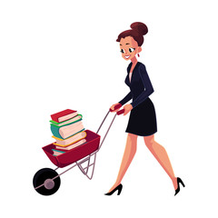Happy woman, girl, businesswoman pushing wheelbarrow full of books, cartoon vector illustration isolated on white background. Businesswoman, woman, girl pushing barrow with books, studying concept