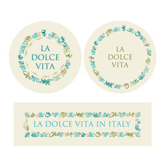 concept hand drawn italian food elements for restaurant menu, surface design, background. tomato, olive, floral, grape, lemon vector sketch in round plate frame