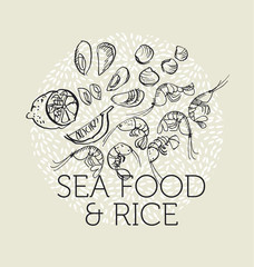 concept hand drawn sea food elements in black and white color. rice background with prawns, lemon, mussels