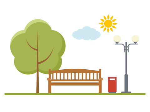 Wooden bench, lantern  and tree in the Park. Isolated illustration on white background.