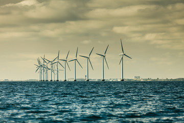 Wind turbines farm in Baltic Sea, Denmark