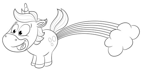 Niedliches Einhorn pupst Regenbogen- Vektor Illustration
