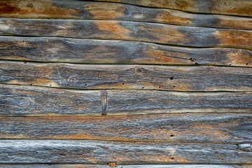 Natural material. Old wooden brown background close-up with roof and grass.