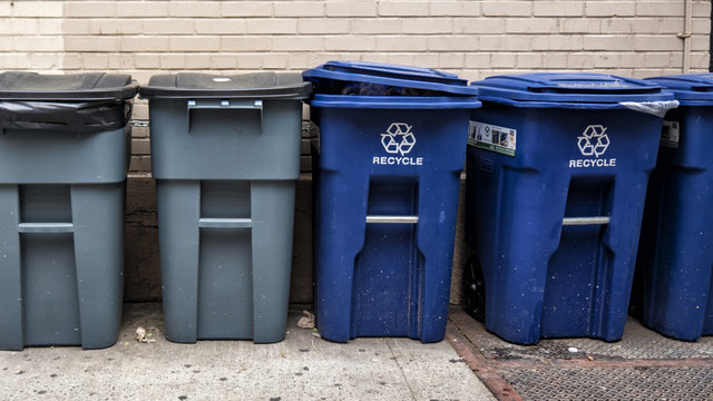 Blue and Gray garbage bins