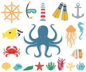 Sea icons and symbols set. Sea animals. Nautical design elements. Vector