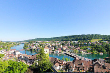 Fototapeta na wymiar Panoramic view of Swiss town Schaffhausen. River Rhine.