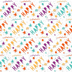 Happy. Handmade letters and geometric angular elements seamless pattern