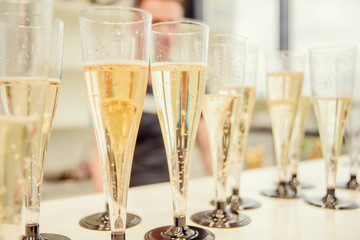 Full glass of champagne close up.