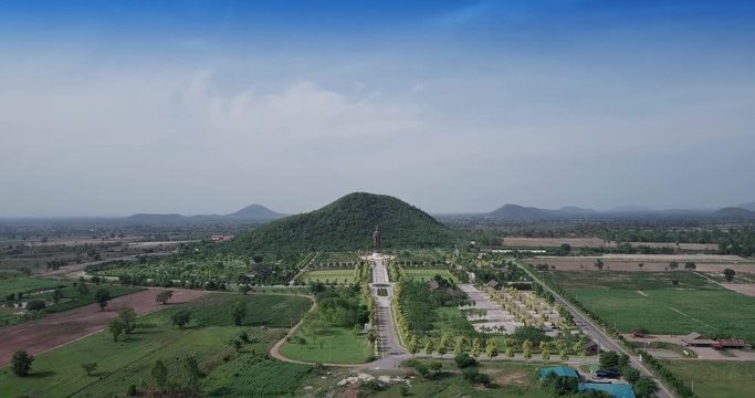 Aerial view of Statues of Buddha at Wat Thipsukhontharam,Kanchanaburi province,Thailand,Phra Buddha Metta,They are public domain or treasure of Buddhism