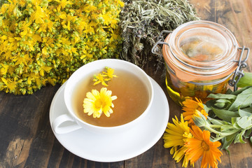 Herbal Medicine, Tea, St. John's Wort, Savory, and Calendula Oil