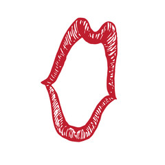 Funny caricature lips shape shouting (emotional fright, astonishment, shock, ecstasy), woodcut style design, hand drawn doodle, sketch in pop art style, isolated vector illustration