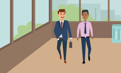 Fototapeta na wymiar Business people walking down in office corridor and talking. Businessmen Discussion Conceptual illustration vector.
