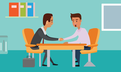 Business People handshake over a table. Talks at Table. Closed Deal. Successful Business Negotiations Flat Illustration Vector.