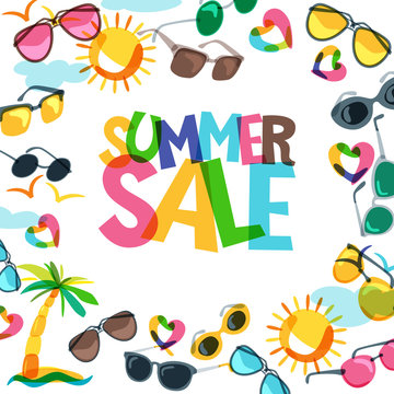 Summer sale banners with colorful hand drawn sunglasses, palms and sun. Vector doodle background with summer accessories. Layout for discount labels, flyers and shopping.
