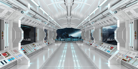 Spaceship interior with view on distant planets system 3D rendering elements of this image furnished by NASA