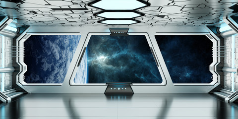 Spaceship interior with view on the planet Earth 3D rendering elements of this image furnished by NASA