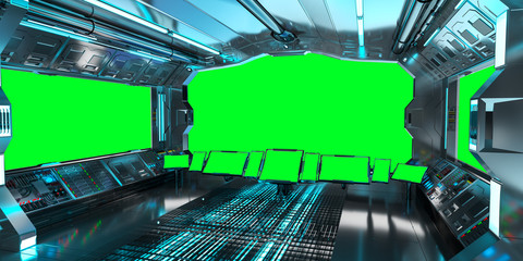 Spaceship interior with view on green windows 3D rendering