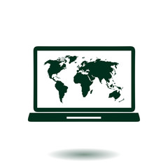 Laptop and world map illustration. World map geography symbol.  Flat design style. 