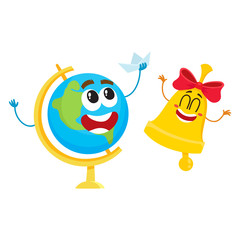 Cute and funny smiling globe and golden bell characters, back to school concept, cartoon vector illustration isolated on white background. Happy school bell and globe characters, mascots