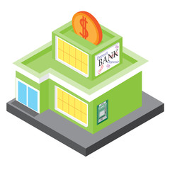 The bank building in an isometric projection. 