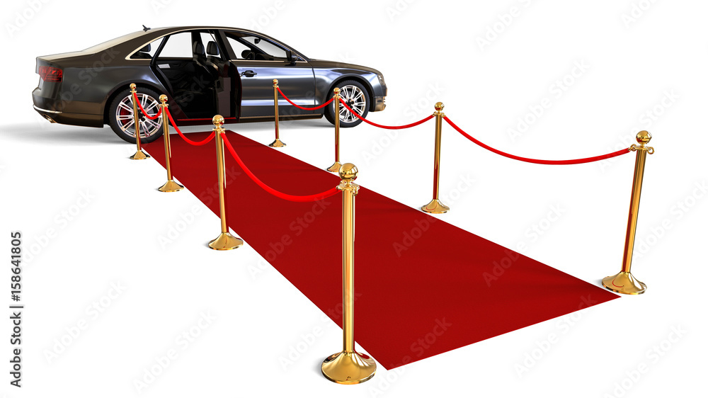 Poster waiting limousine / 3d render image representing a high class limousine with a open door waiting at 