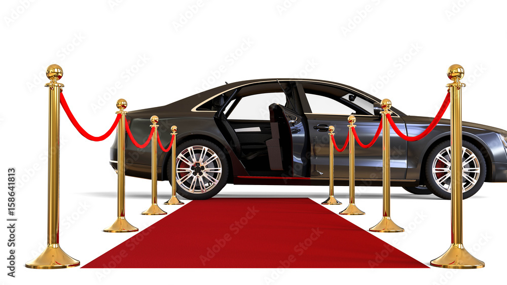 Poster waiting limousine / 3d render image representing a high class limousine with a open door waiting at 