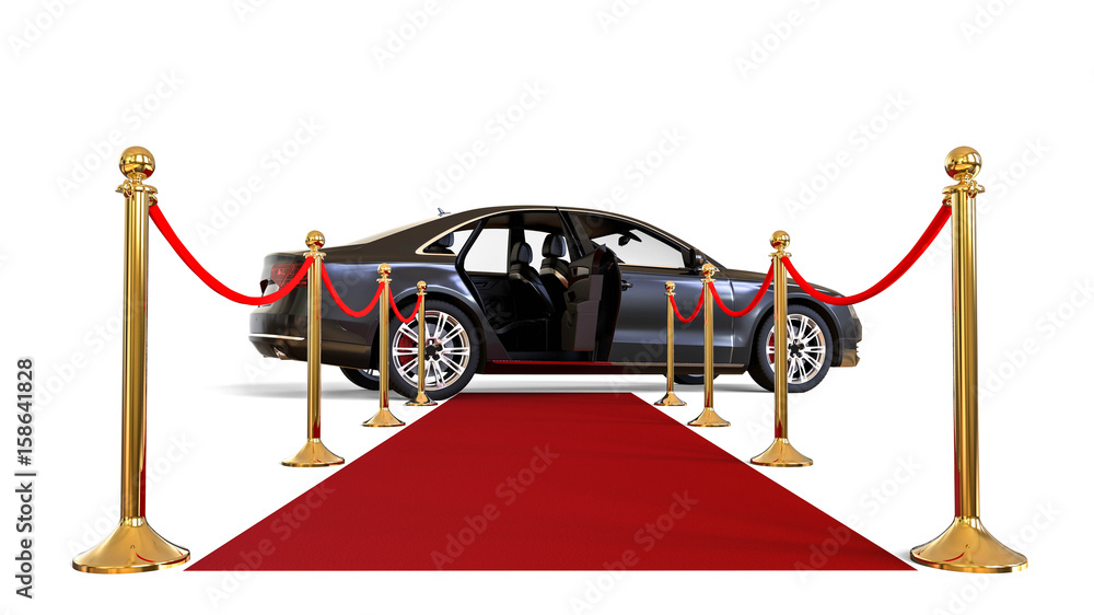 Poster waiting limousine / 3d render image representing a high class limousine with a open door waiting at 
