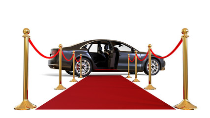  Waiting limousine  / 3D render image representing a high class limousine with a open door waiting at the end of a red carpet 