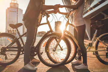 Romantic couple with bicycles in the city