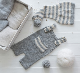 striped handmade knitted trousers for newborn, topview