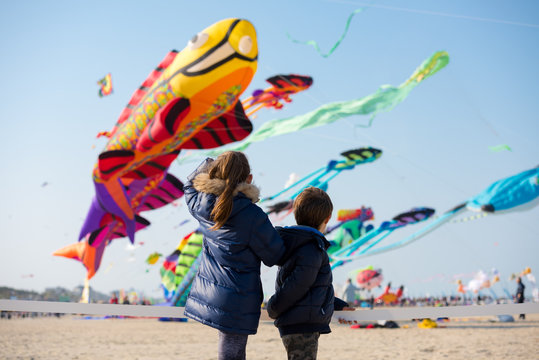 Children looking at group of colorful large kites flying in clear sky 