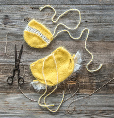 bright yellow hat and pants for infant, topview