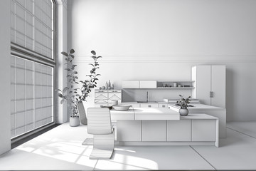 Fototapeta na wymiar Modern fitted monochromatic white kitchen
