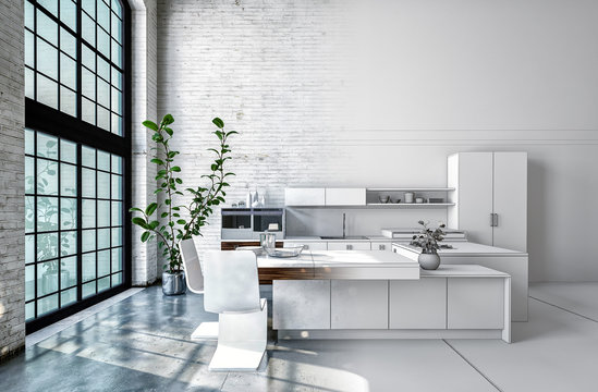 Compact modern white open-plan kitchen