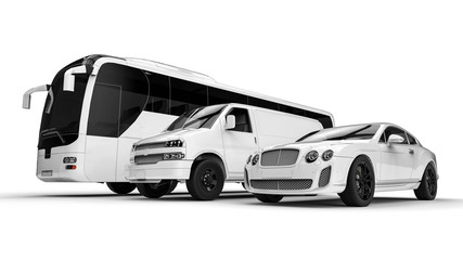  Luxury transportation on white / 3D render image representing an luxury car hire fleet painted in white